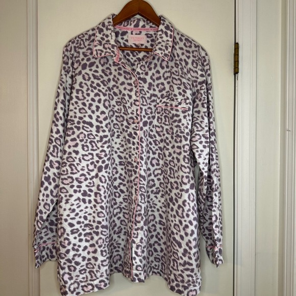 Victoria's Secret XL Leopard Print Pajama Top Pink Trim Long Sleeve - Picture 1 of 10